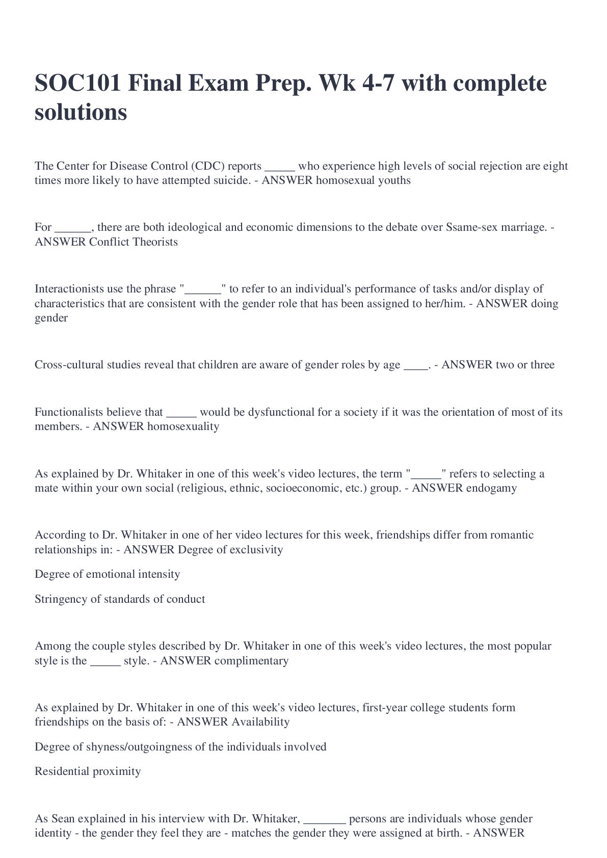 Preview image of SOC101 Final Exam Prep. Wk 4-7 with complete solutions document